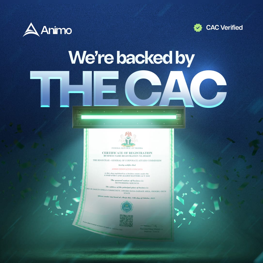 A photo of the Animo Services official Certificate of Registration from the Federal Republic of Nigeria Corporate Affairs Commission.